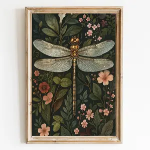 Vintage Textured Wall Art - Dark Green Dragonfly Flowers Wall Decor - Hand Drawn Sandstone Nature Botanical Pictures for Living Room Bedroom Home Decor