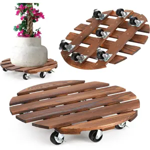 2 Pack 12" /14" Plant Caddy Heavy Duty Rolling Plant Stand 500 LB Wooden Round Plant Dolly with 7 Metal 360° Lockable Wheels for Large Plant Pots Indoor Outdoor Patio Garden