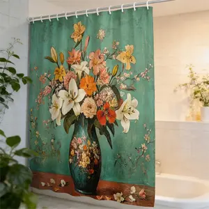 Vintage Oil Painting Style Lily Vase Bath Curtain, European Classical Floral Bathroom Decor, Soft Polyester Shower Curtain, Home & Hotel Use