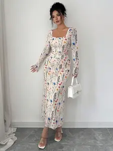 Elegant Slim Fitting Floral Print Long Sleeve A-Line Dress with Ruffle Hem, Casual Chic Square Neck Adjustable Shoulder Straps for All Seasons Womenswear