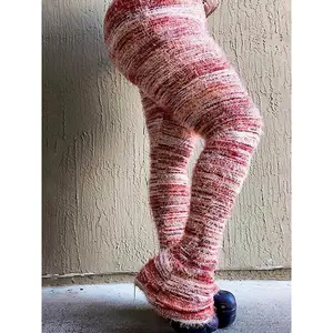 Women's Striped Print Flare Leg Fuzzy Sweater Pants, Casual Street Comfy Knit Bell Bottom Trousers For Fall & Winter, Women's Knitwear For Daily Wear