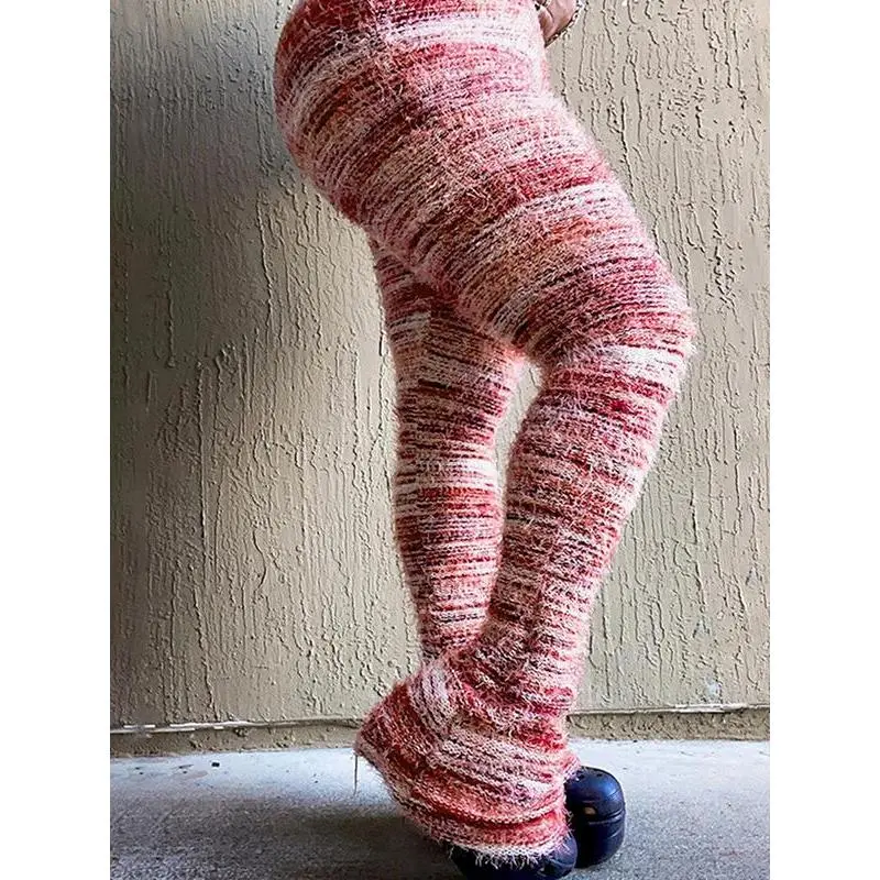 Women's Striped Print Flare Leg Fuzzy Sweater Pants, Casual Street Comfy Knit Bell Bottom Trousers For Fall & Winter, Women's Knitwear For Daily Wear