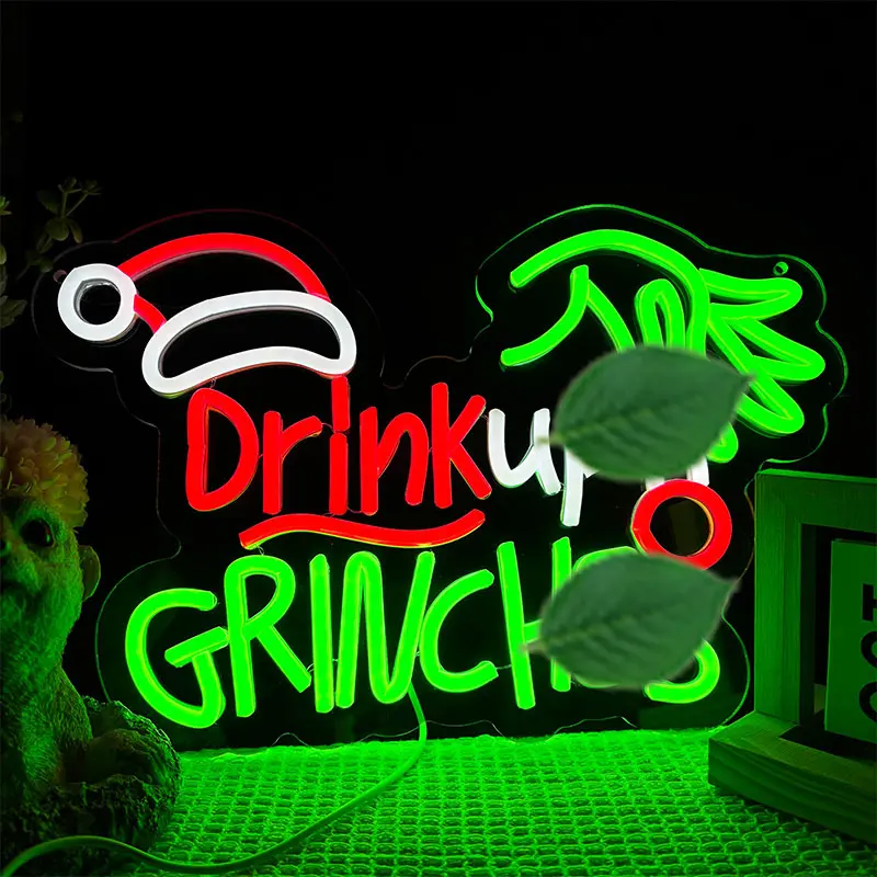 Merry Christmas Neon Sign with Grinch Design Funny Christmas Party LED Lights Holiday Wall Decor for Bars Custom Neon Sign Funky Christmas Gift Idea