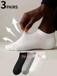 3/15 Double-Pack Women's Bow-Patterned Ankle Socks, Athletic Socks, White/Black/Gray Ankle Socks, Invisible Socks, Solid Color Minimalist Style, Perfect for Casual Everyday Wear, Valentine's Day Gift