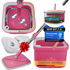 Spin Mop and Bucket Set with Wringer Dual-Chamber Self Wringing Flat Microfiber Mop for Hardwood Tile & Vinyl Floors, 2 Washable Replacement Heads, 63" Handle, Pink