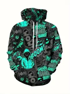 Men's High Street Style 3D Digital Graphic Print Hoodie, Dark Graffiti Cartoon Design, Drawstring Cap, Pocket Detail, Casual Sweatshirt