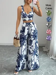 Two-piece Set Women's All Over Print Crop Tank Top & Wide Leg Pants, Boho Sleeveless Top & Pants for Beach Holiday Vacation, Ladies Summer Clothes, Womenswear, Outfit