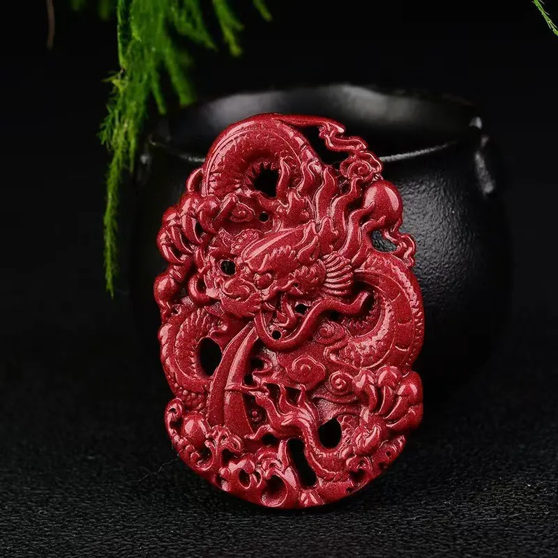 Ethnic Hollow Cutout Carved Chinese Dragon Cinnabar Pendant - Red Lucky Protection, Peace, Strength Spiritual Talisman Necklace Charm Jewelry Gift for Male Collectors, Dragon Totem, Traditional Chinese Dragon Totem Patterns