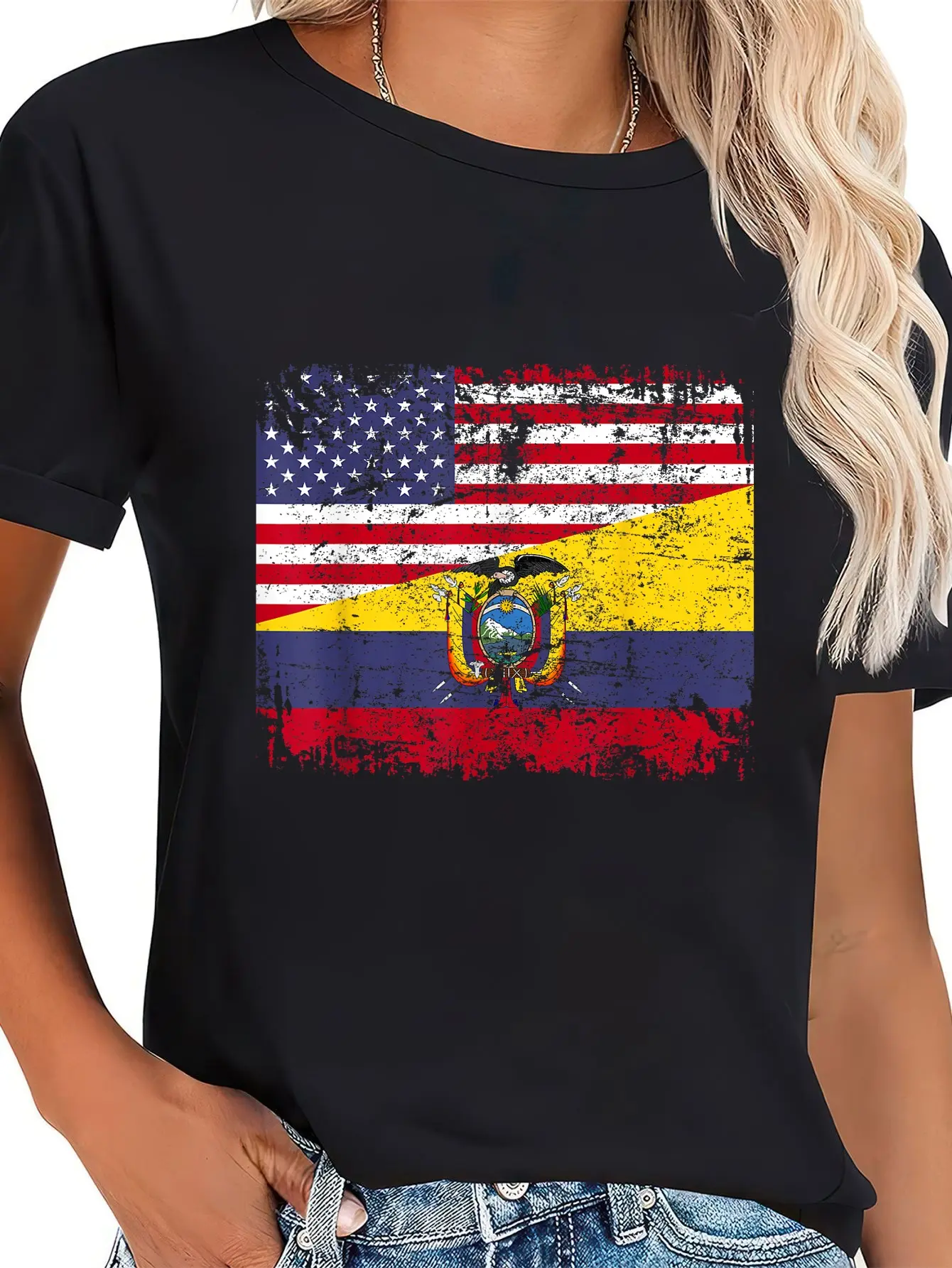 Lady's Graphic T-Shirt, 100% Cotton Shortsleeve Everyday Fit with Funny Ecuadorian Roots USA Ecuador Flag Print, Casual, Streetwear, Tshirt, Distressed, Round Neck