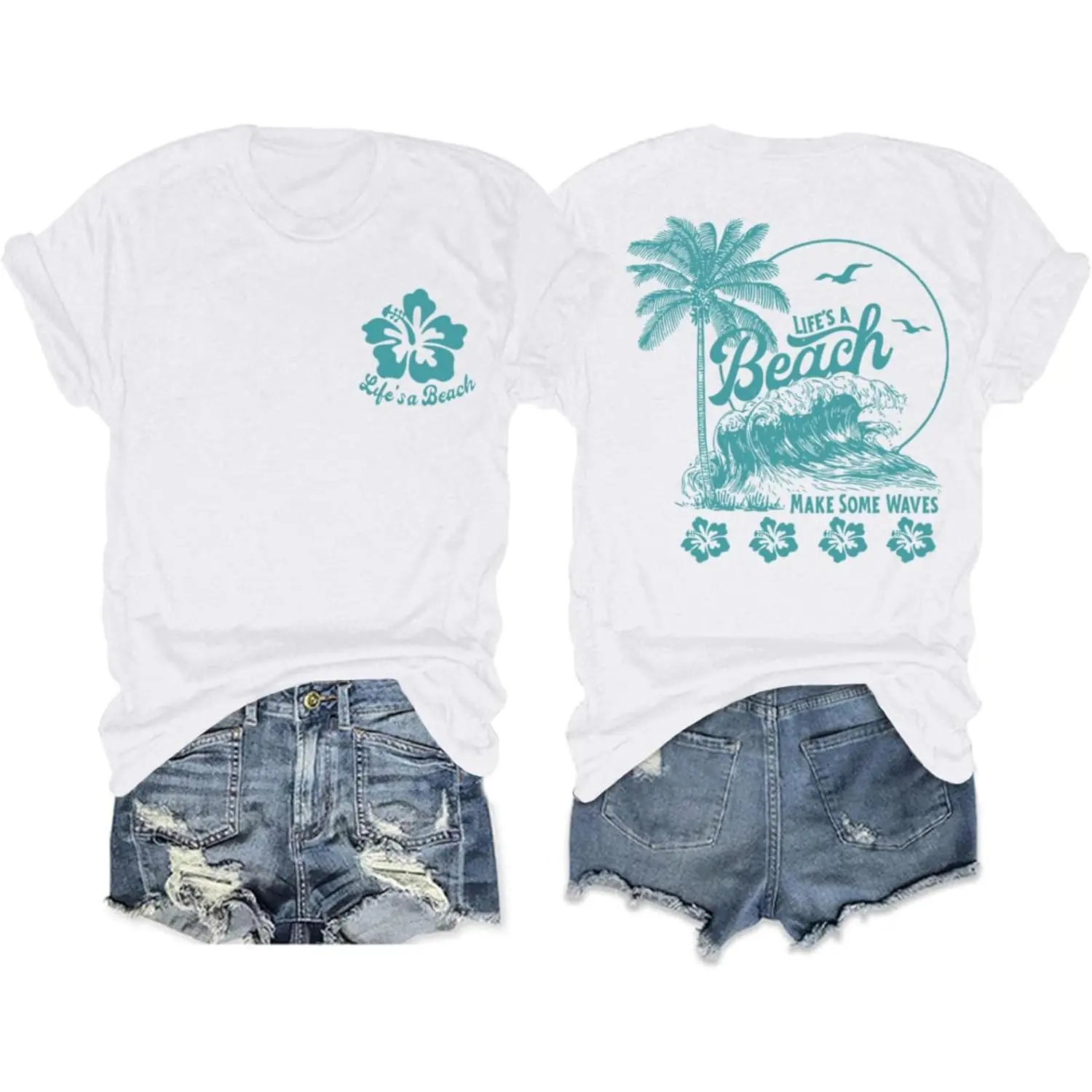 Hawaiian Beach T Shirts for Women Hibiscus Flower Palm Tree Shirt Tropical Graphic Tees Summer Beachy Vacation Tops