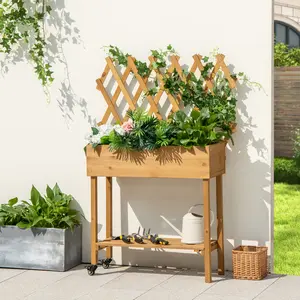 COSTWAY - Wooden Rolling Raised Garden Bed with Trellis and Storage Shelf