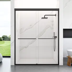 56"-60"W*72" H Semi-Frameless Double Sliding Shower Door, Bypass Shower Door, 1/4" (6mm) Thick SGCC Tempered Glass Door, Matte Black   WL RR