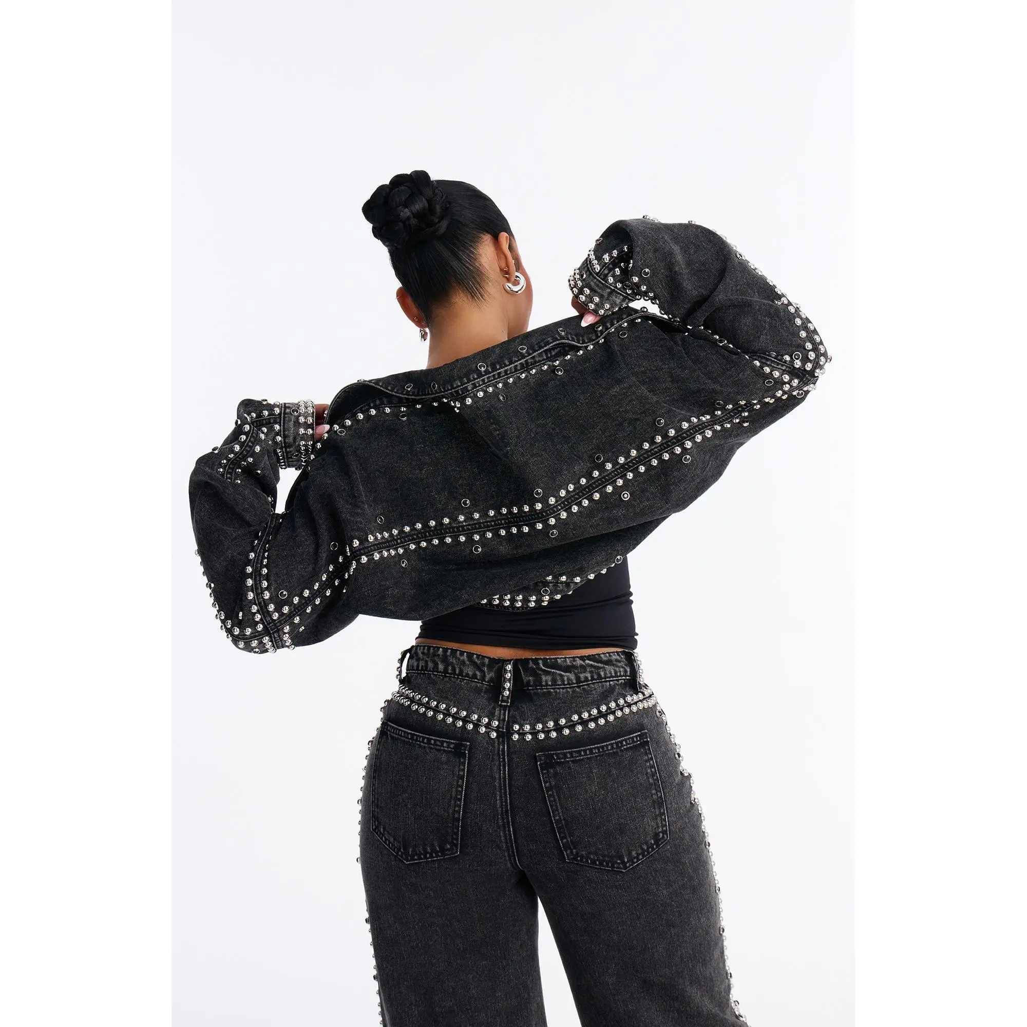 Hollywood Studded Denim Jacket - Black Wash Hollywood Studded Denim Jacket - Black Wash