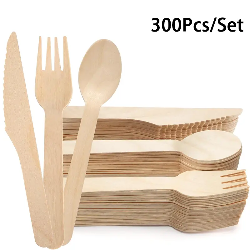 300 Pcs Disposable Utensils,100 Forks And Spoons,100 Knives—Disposable Utensils,Eco-Friendly Compostable Biodegradable Wooden Utensils, Plastic-Free Party Cutlery Set,Bamboo Utensils