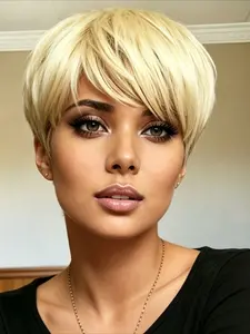 613 Blonde Color Pixie Cut Wig Short Straight Human Hair Wigs for Women Full Machine Made Wig 150% Density 6 Inch