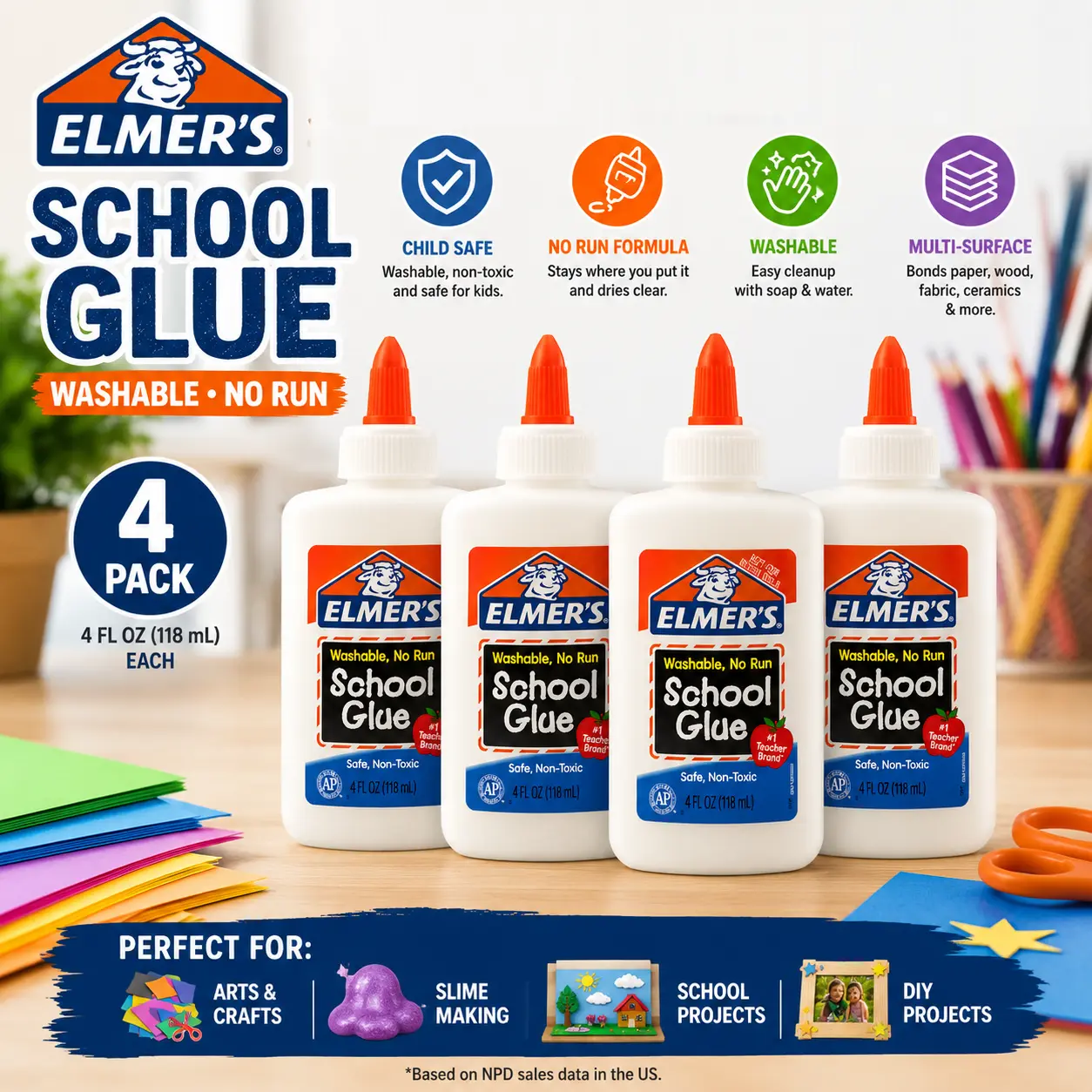 (4 pack) Elmer's Liquid School Glue, Washable, 4oz., 1 Count Slime Making Kit Slime Gift Bag