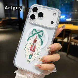 Nutcracker Christmas Ornament Pattern Magnetic Phone Case for iphone 17 Pro Max 16 Plus 15 14 13 12 11 Air XR E Non-Yellowing Clear Crystal Drop-proof Slim Silicone Shockproof Transparent Acrylic Large Hole Cover Supports Wireless Charging