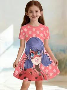 Girls' 3D Short Sleeve Dress, Miraculous Girl Ladybug Heart Print, Perfect for Parties, Festive Gifts, Birthday Presents
