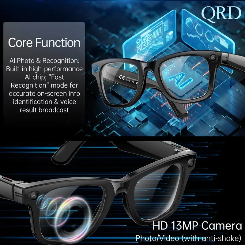 Qrd 2026 New Model 13mp Ai Smart Wearable Glasses, AI Smart Glasses with Camera, Magnetic Wireless Bluetooth-compatible Calling, HD Camera, Waterproof, 290mah, Mobile Compatible Device