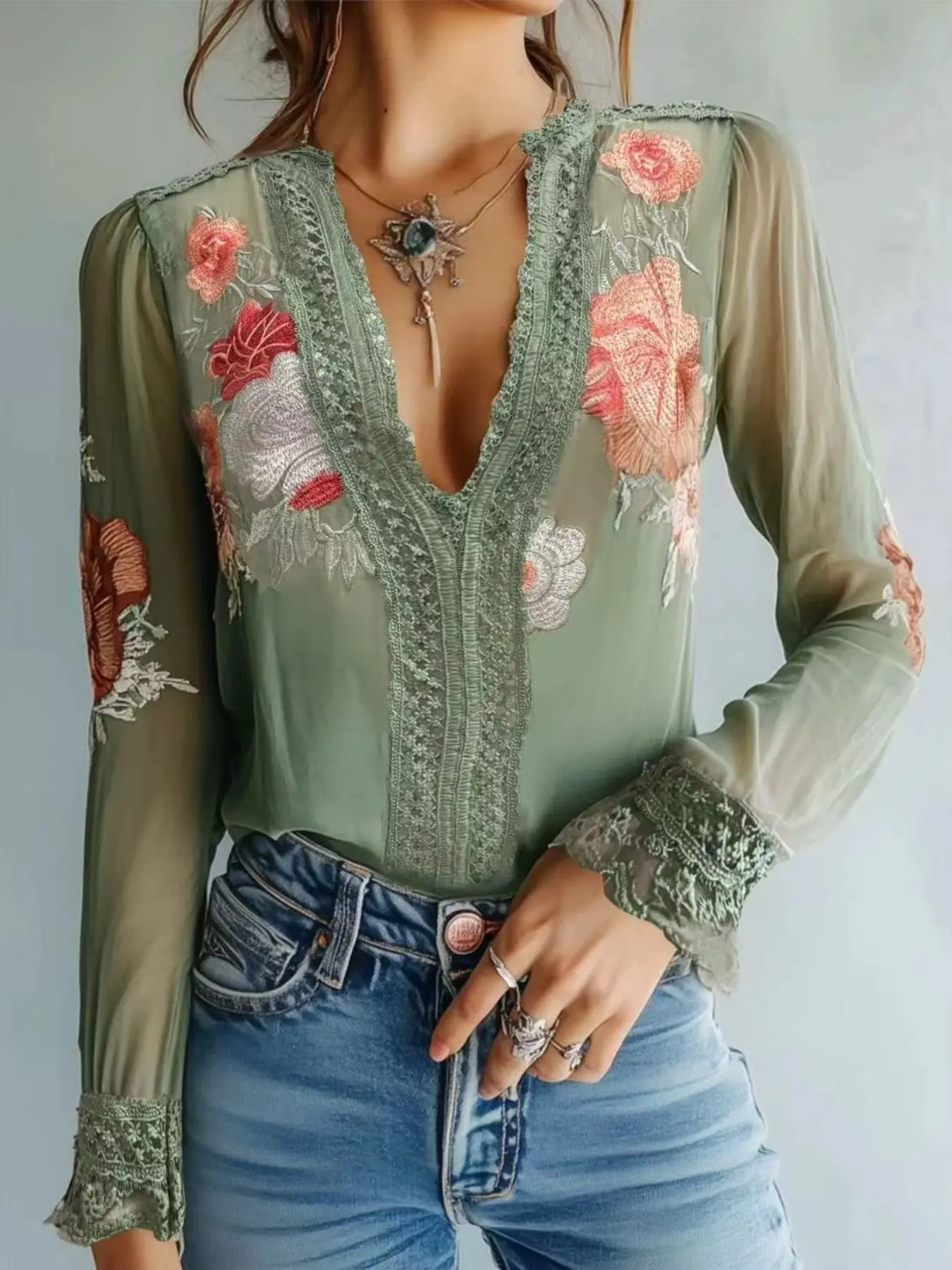 Boho Floral Pattern Embroidered Print Lace Shirt Blouse, Elegant Bohemian Style Top, Perfect for Casual Wear, Unique Fashionable Design, Ideal for Summer