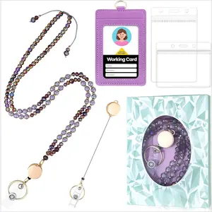 SQ-BR094 Natural Stone Crystal Lanyard with ID Badges for Keys, Retractable Teacher Neck Strap with PU Card Holder, Handicrafts for Women (Light Amethyst)