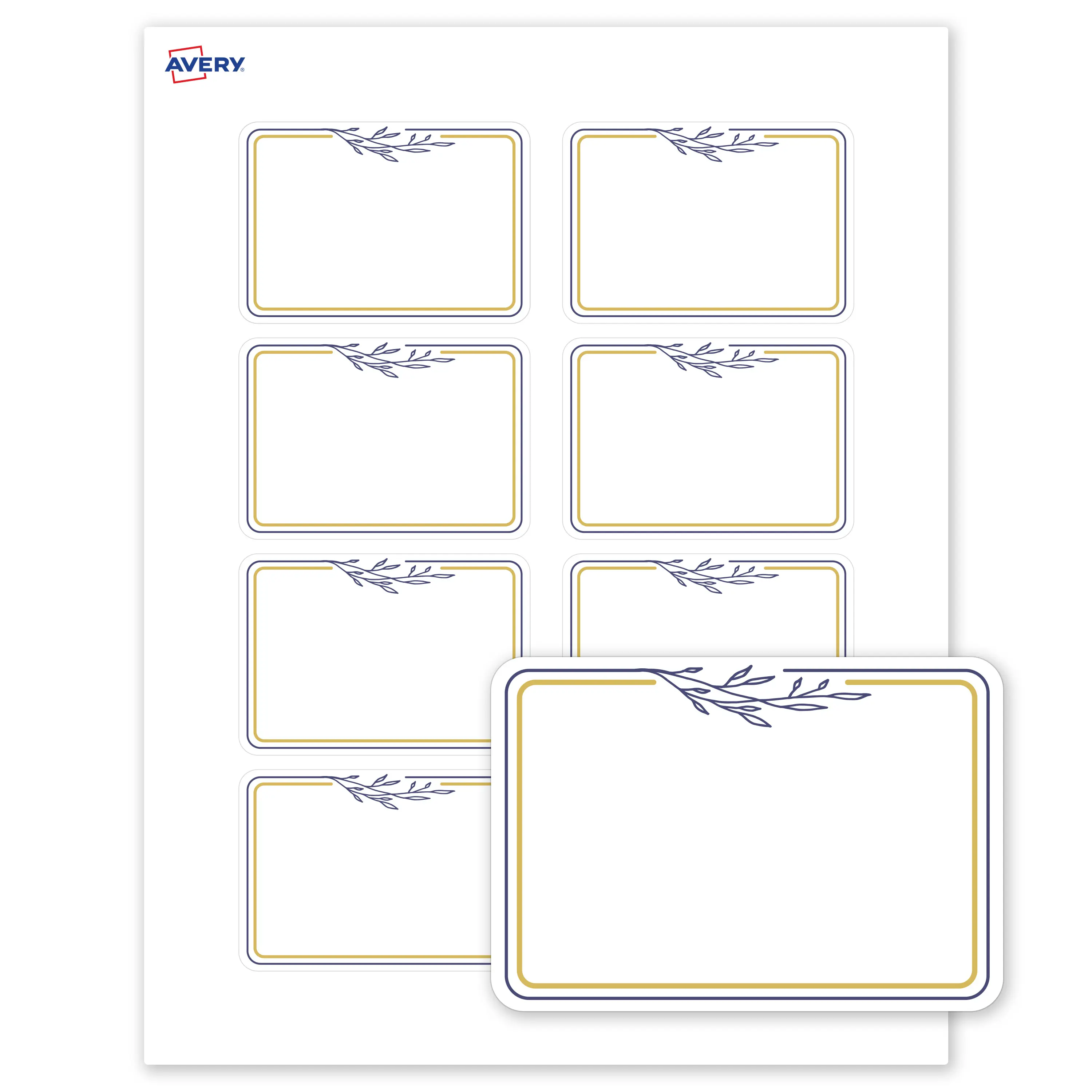 Avery® Printable Adhesive Name Tags, 2-1/3" x 3-3/8", Matte White with Gold & Navy Border, Removable, Laser & Inkjet Compatible, 80 Total, Great Name Badges for Weddings & Events