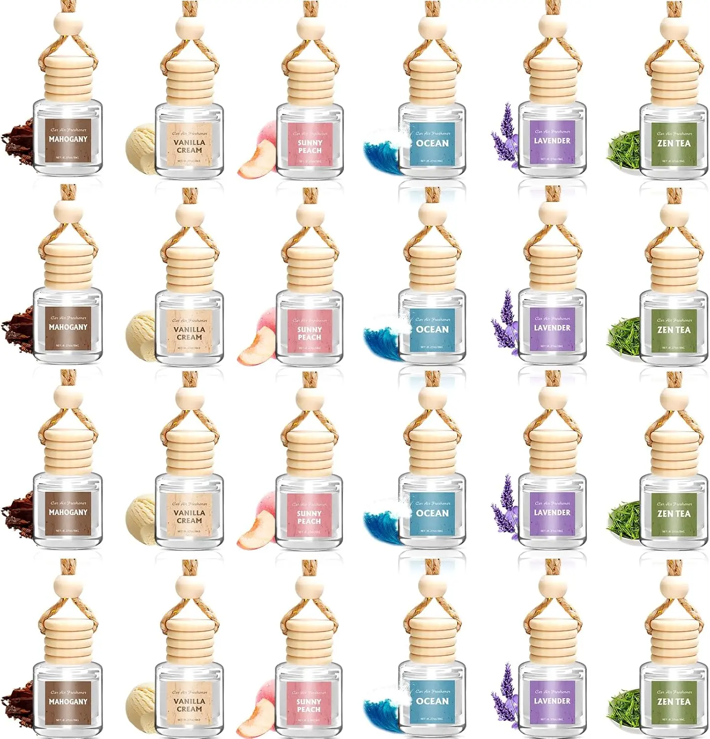 24 Pcs 0.27oz Cute Aero Diffuser Car Fragrance with Wooden Cap - 7 Days Long-Lasting, Easy Setup, Leak-Proof, Controlled Release, Automotive Interior Decor for Women & Men, Prevents Liquid Leakage