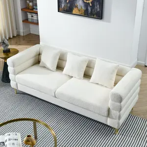 Buccleuch 81 Inch Oversized 3 Seater Sectional Sofa with 3 Lumbar Pillows for Living Room & Bedroom - White Teddy Fabric, Modern Art Deco Design, Gold Polished Metal Legs
