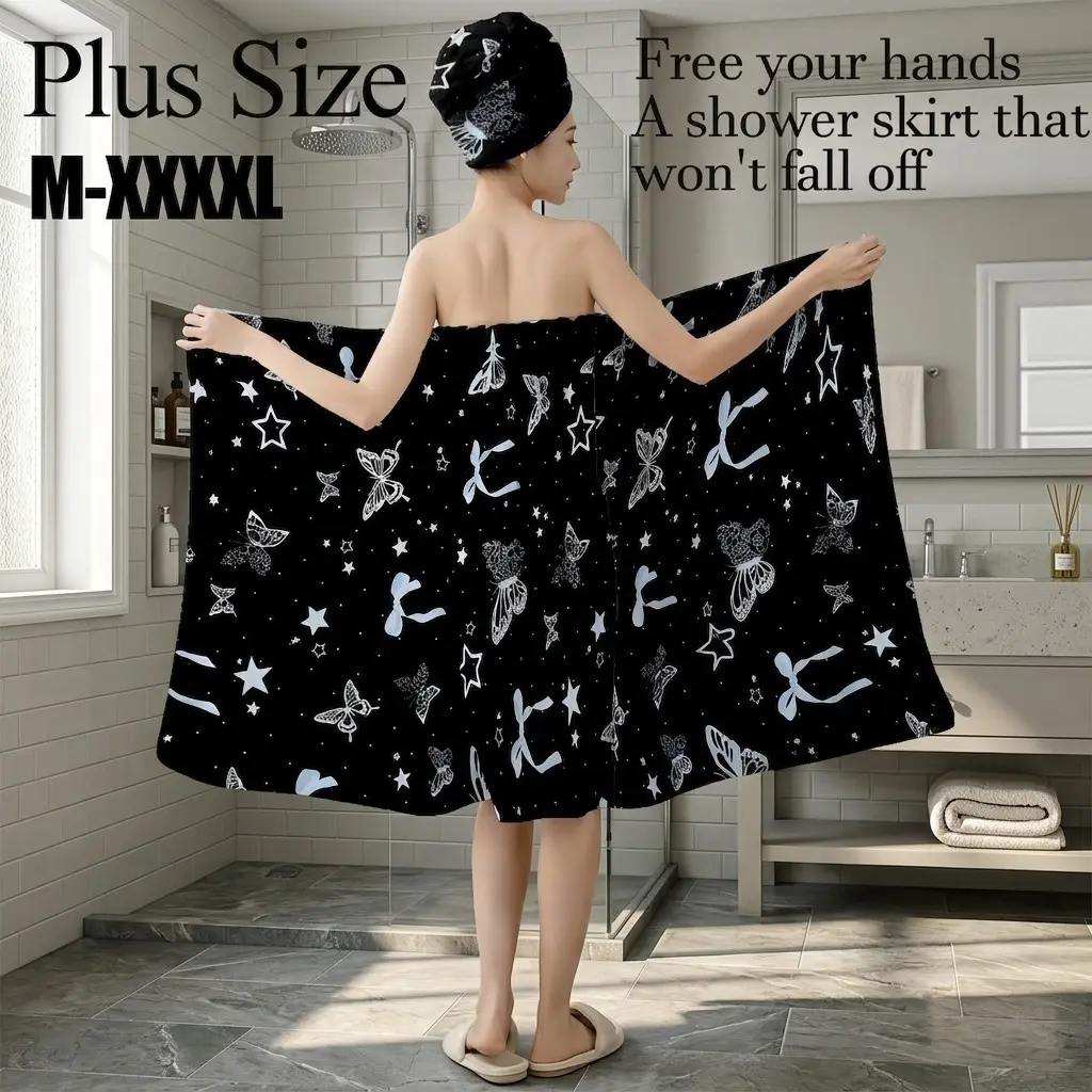 Plus Size M-XXXXL Black Butterfly & Star Print Bath Wrap Skirt & Hair Towel Set, Non-Slip Adjustable Shower Skirt for Bathroom, Spa, Teen Party, Birthday Gift, Shower Cloths