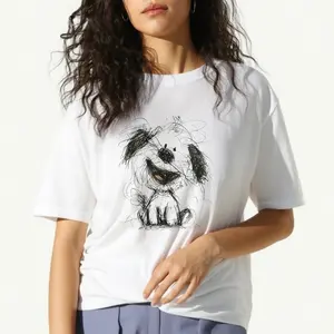 women's T-shirt Dog Sketch Art Solid color printed short sleeved women's top White, black, khaki Fashion daily women's clothing