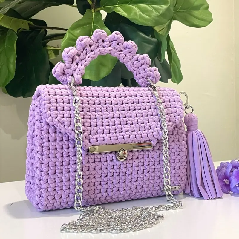 Capri-Style Lavender Handmade Crochet Shoulder Bag with Tassel | Woven Knitted Purse with Lining | Luxury Crossbody Bag for Summer