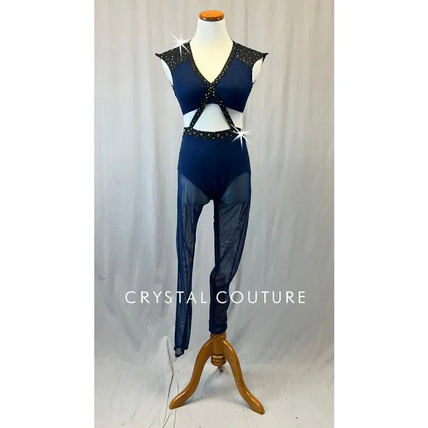 Custom Navy Blue & Black Connected Two Piece with Mesh Leggings - Rhinestones