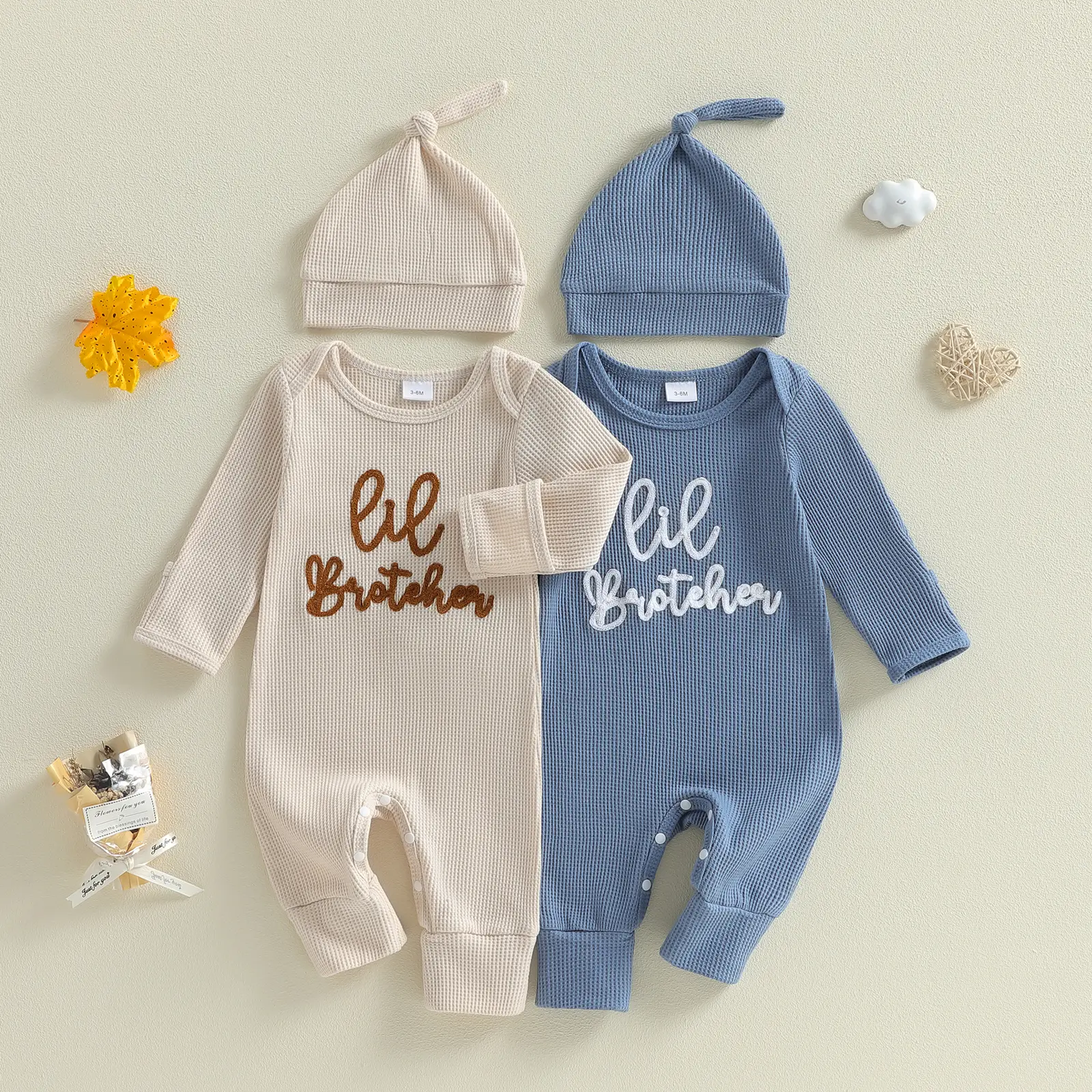 Newborn Baby Boy 2 Piece Outfits Cute Letter Embroidery Long Sleeve Jumpsuit and Hat Set Spring Fall Winter 0-6 Months