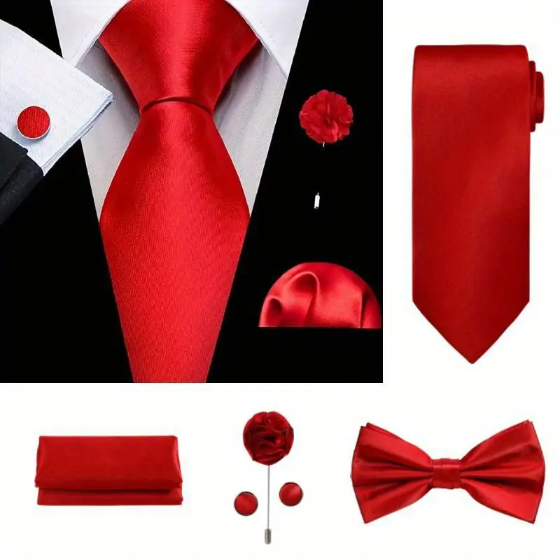 5pcs Tie Set in WHITE OR BLACK GIFT BOX: Solid Color Necktie, Satin Bow Tie, Pocket Square, Lapel, Cuff Links