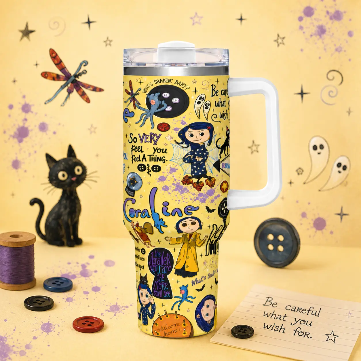 1pc 40oz Stainless Steel Insulated Vacuum Cup Tumbler, Coraline Cartoon Style Vacuum Flask with Lid and Straw, Hot-Cold Coffee Tumbler for Road Trips, TikTok Viral FYP Gift for Coworkers, 1,000-2,000 Ml
