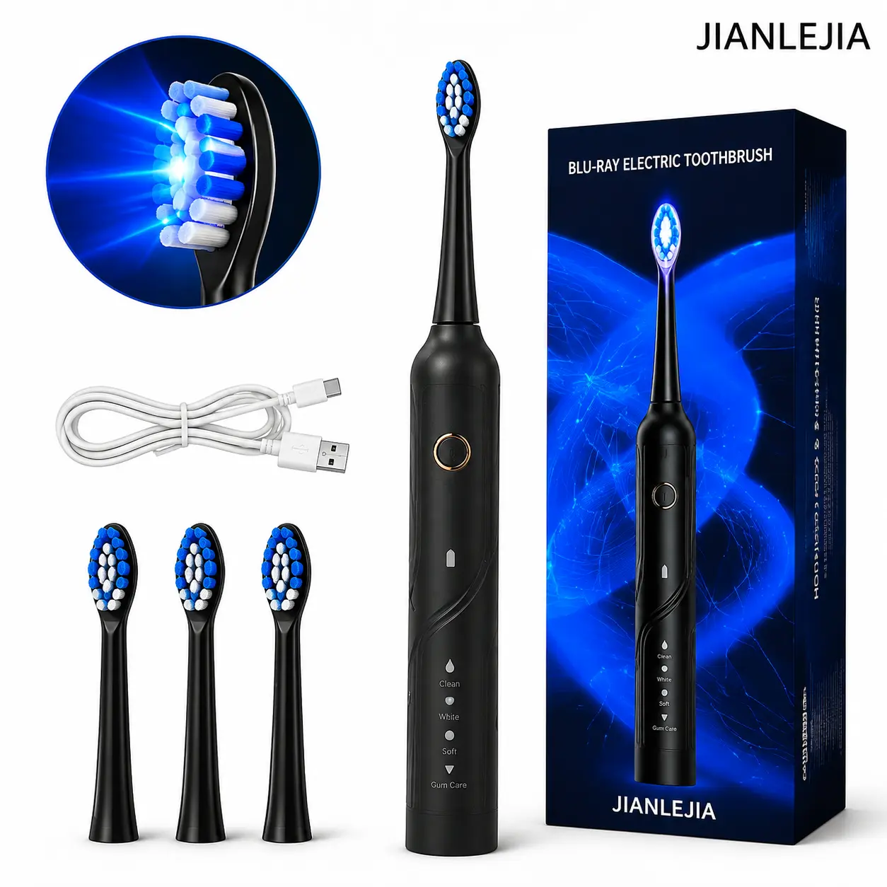 Blue Light Electric Toothbrush for Adults, 4 Cleaning Modes, 4 Brush Heads, USB Rechargeable, Soft Bristles, Portable Oral Care Toothbrush