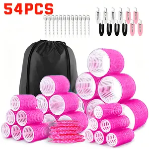 Women's 54PCS Heatless Velcro Hair Rollers Kit with Polka-Dot Curl Strips, Clips & Storage Bag, 4 Sizes for Long & Medium Hair, No-Damage DIY Bouncy Curl Styling Tools