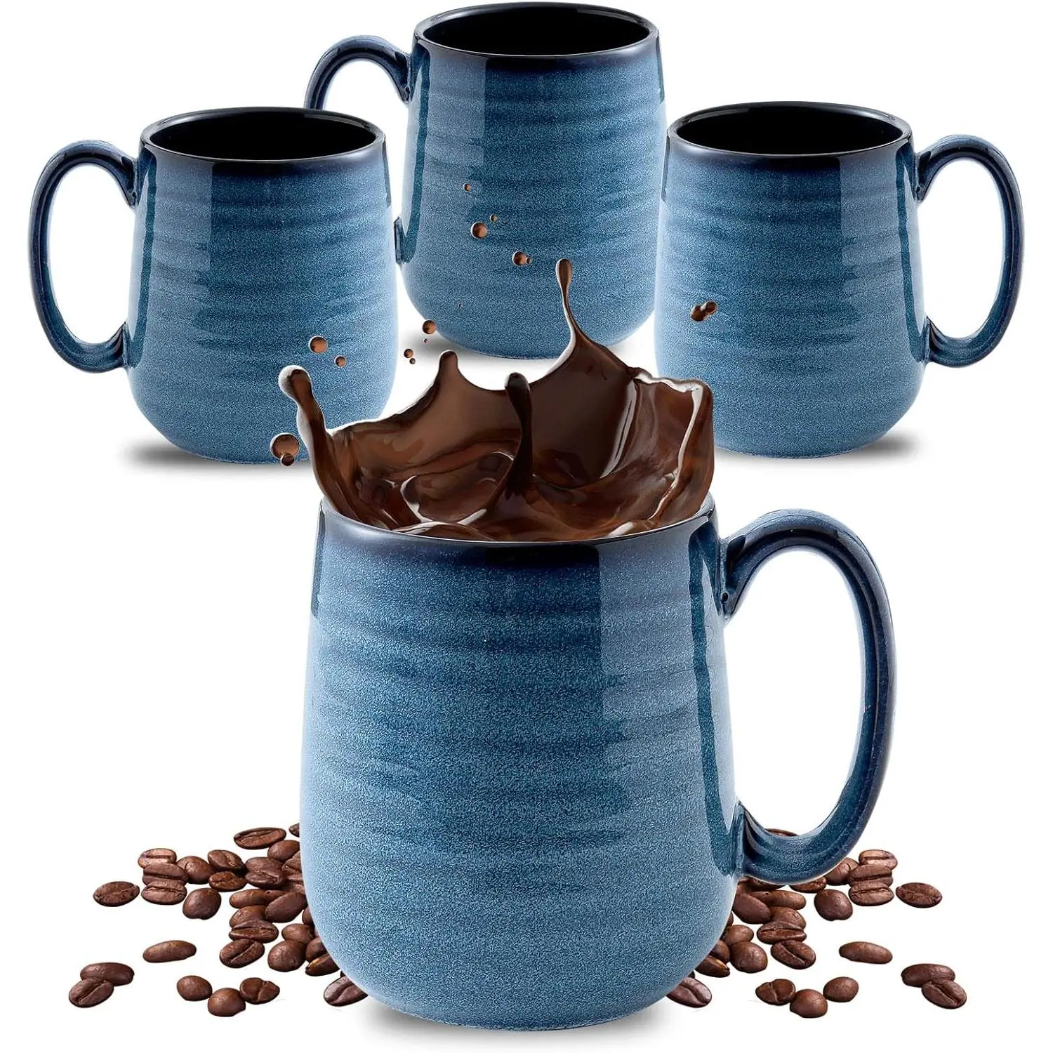 Coffee Mugs Set of 4, 15 Ounce Porcelain Mug Set with Handle for Morning Coffee  and Cocoa, Ceramic Coffee Cups with Beautiful Glaze for Men, Women, Navy