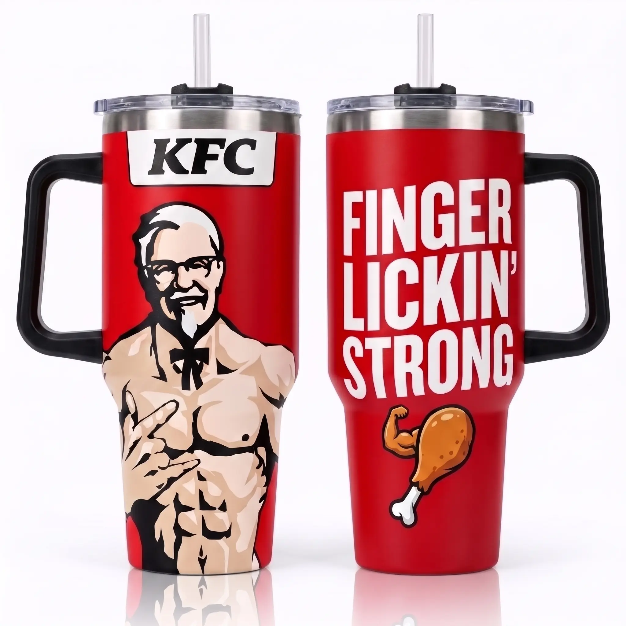 Stylish Printed Buff Colonel Sanders KFC 40oz Stainless Steel Insulated Tumbler with Handle, Lid & Straw, Finger Lickin Strong Funny Gym Travel Mug, Reusable Car Cup Holder-Friendly Gift for Men