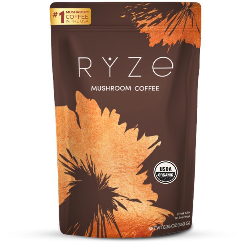 2X RYZE Mushroom Coffee USDA Organic with 6 Adaptogenic Mushrooms and MCT Oil, USA Grown Instant Coffee for Better Energy, Focus, Digestion, Immunity with Turkey Tail, Shiitake, Lion's Mane, 60 Servings
