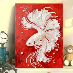 Lucky Koi Fish Shimmer Bead Inlaid DIY Paint by Numbers Set, Vintage Textured Canvas Handicraft Kit, Auspicious Animal Themed Wall Hanging Decor for Interior Space & Festive Gifts