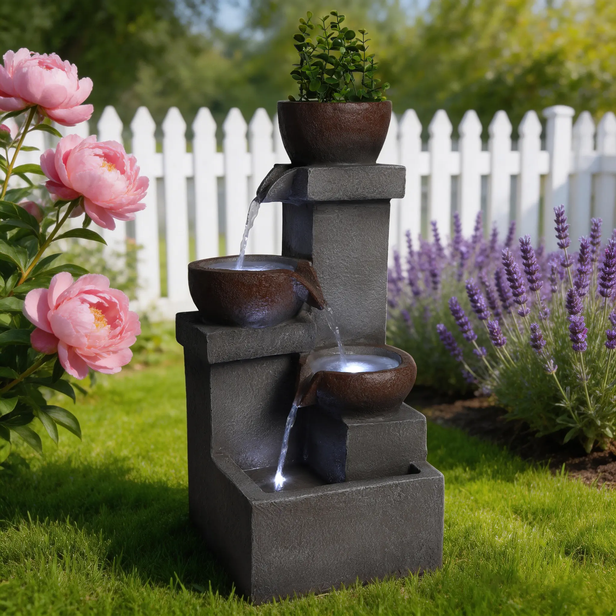 Tiered Cascading Jar Waterfall Fountain with Planter and LED Lights, Resin, Gray, 10.60 W x 11.00 D x 23.60 H in, for Patio Garden Porch Entryway