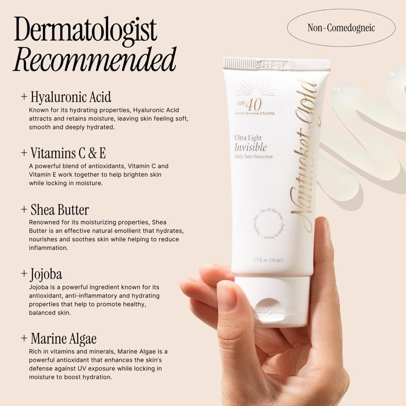 Nantucket Gold 100% Invisible Daily Facial Moisturizer with SPF 40 + Hyaluronic Acid + Vitamin C, Weightless, Scentless, Primer - For All Skin Skin Tones - 1.7 fl oz Hydrating Skincare