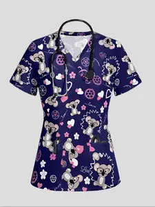 Women's Uniform Top V Neck Short Sleeve Cute Koala Animal Print Suitable for Nurses Doctors Beauty Therapists Nutritionists Multiple Pockets Design