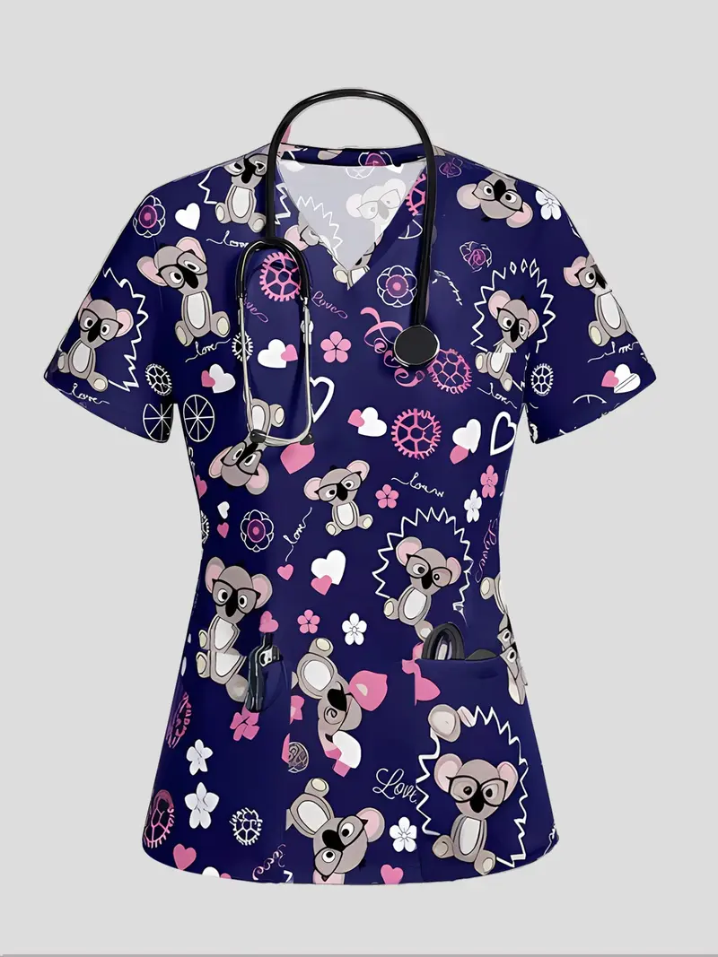 Women's Uniform Top V Neck Short Sleeve Cute Koala Animal Print Suitable for Nurses Doctors Beauty Therapists Nutritionists Multiple Pockets Design
