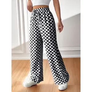 Women’s straight-leg pants with an all-over checkerboard print and a drawstring waist—casual? Do comfortable high-waisted pants fit well for everyday wear? Women’s bottoms for everyday wear, suitable for all seasons; baggy pants; womenswear