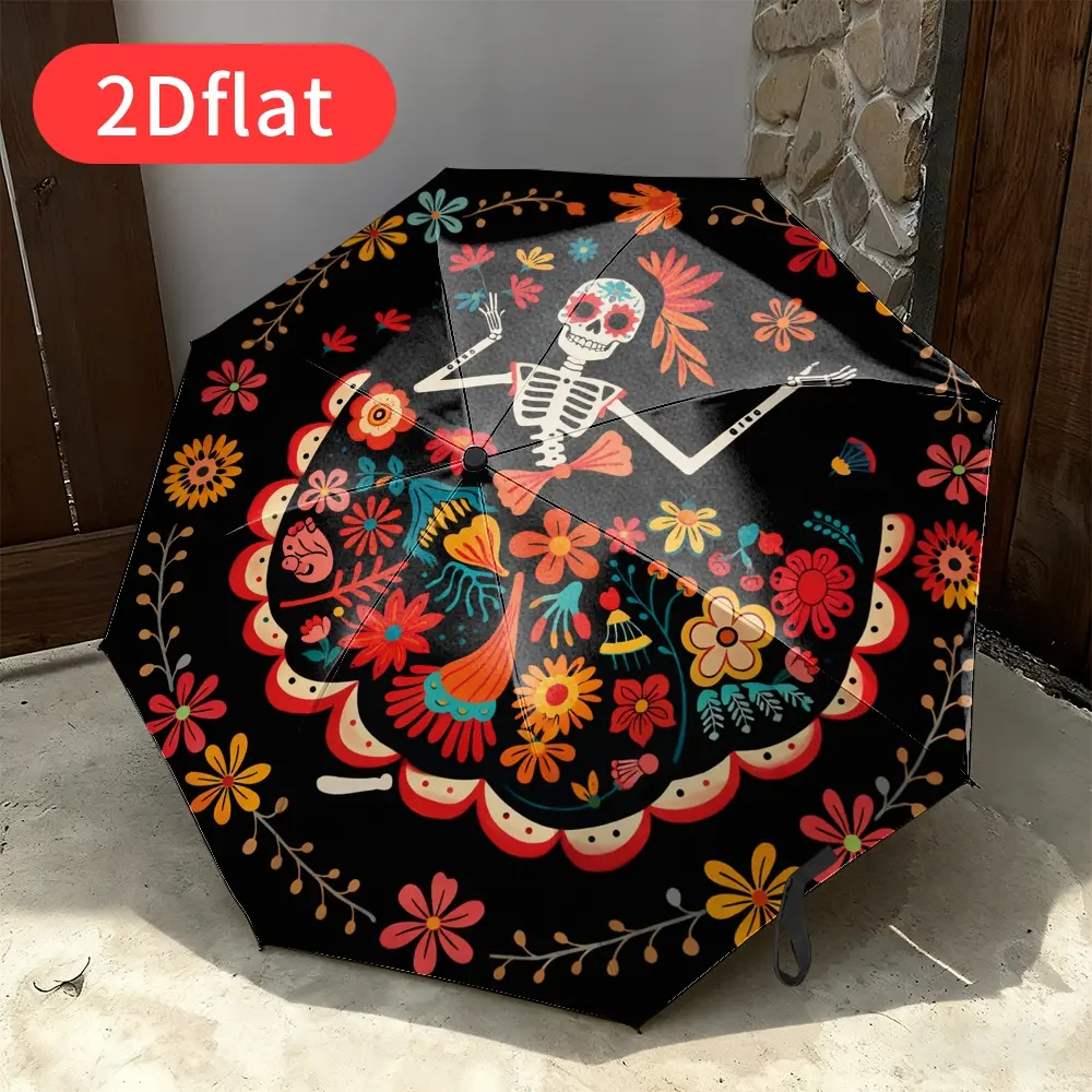 1-piece Mexican folk art sugar skull umbrella, auto open/close, 3-fold compact travel umbrella featuring Mexican floral skull and marigold designs. One-touch open/close mechanism with an 8-rib sturdy frame. Perfect for