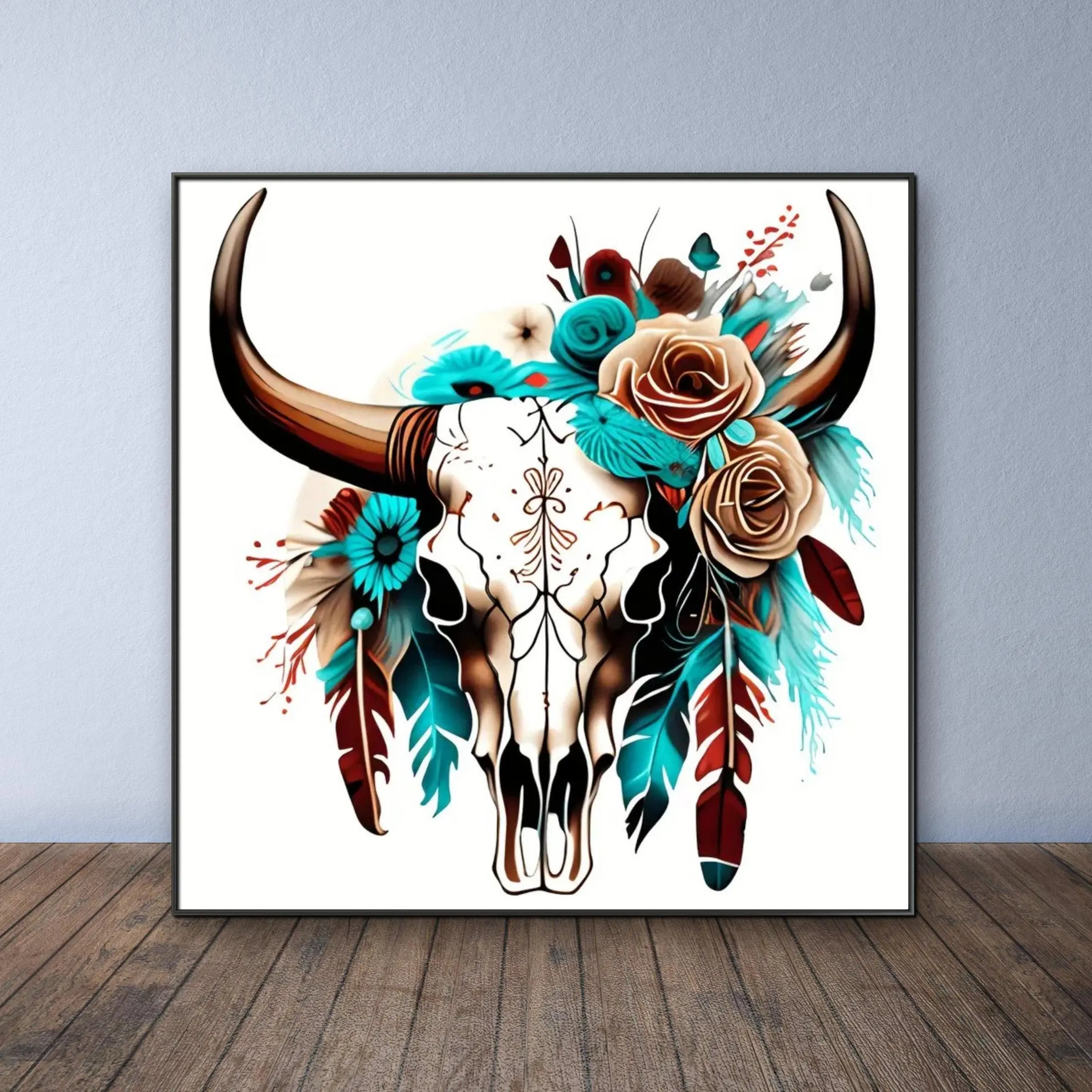 Boho Style Bull Head Skull Pattern DIY Diamond Arts Colorful Painting Kit without Frame, DIY 5D Diamond Arts Colorful Painting for Bedroom Wall Decor, Diamond Painting Kits Crafts