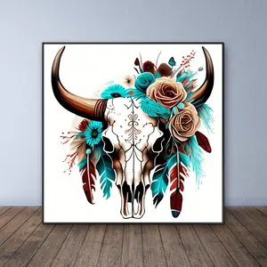 Boho Style Bull Head Skull Pattern DIY Diamond Arts Colorful Painting Kit without Frame, DIY 5D Diamond Arts Colorful Painting for Bedroom Wall Decor