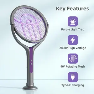 Rechargeable 2-In-1 Foldable Retractable Electric Mosquito Zapper Racket - 2-Stage Extendable Long Handle, UV Light Bug Fly Trap, Electronic Mosquito Killer for High Wall Ceiling, Bedroom Household Use